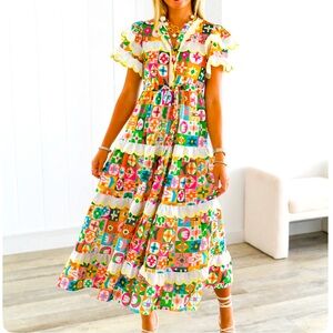 NWT FANCY colorful block print scalloped maxi dress Size L
